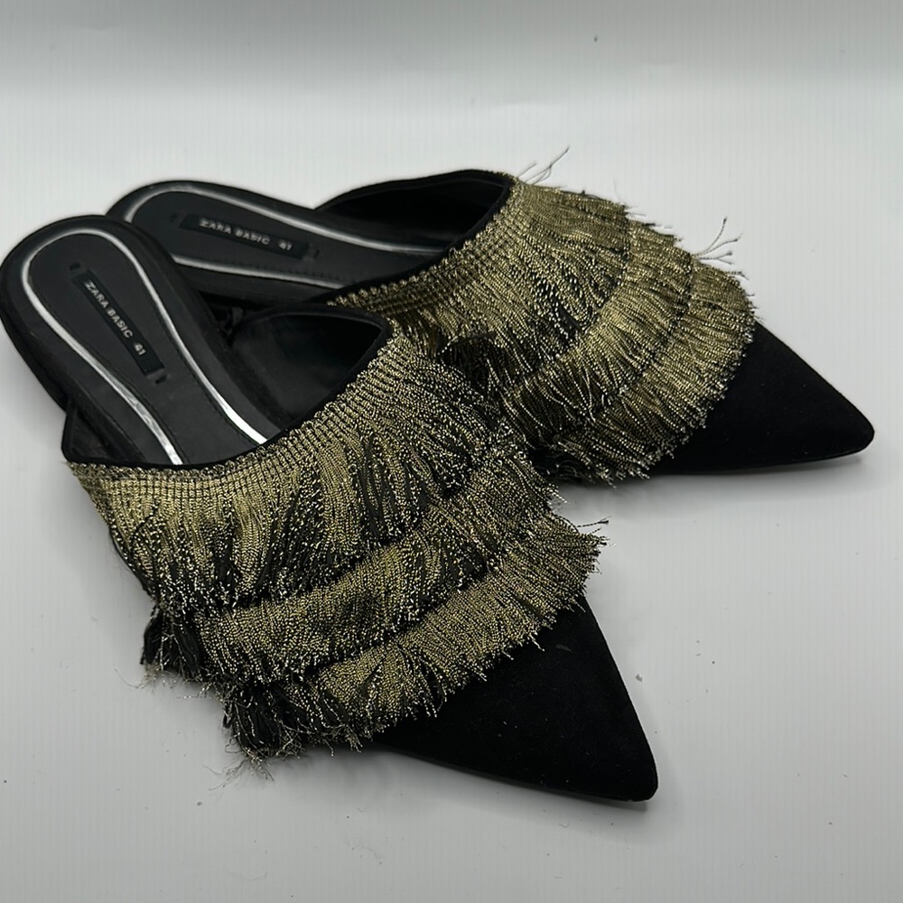 Zara Sz 11 Black Gold Metallic Fringe Mules with Distinctive Design - Picture 2 of 7